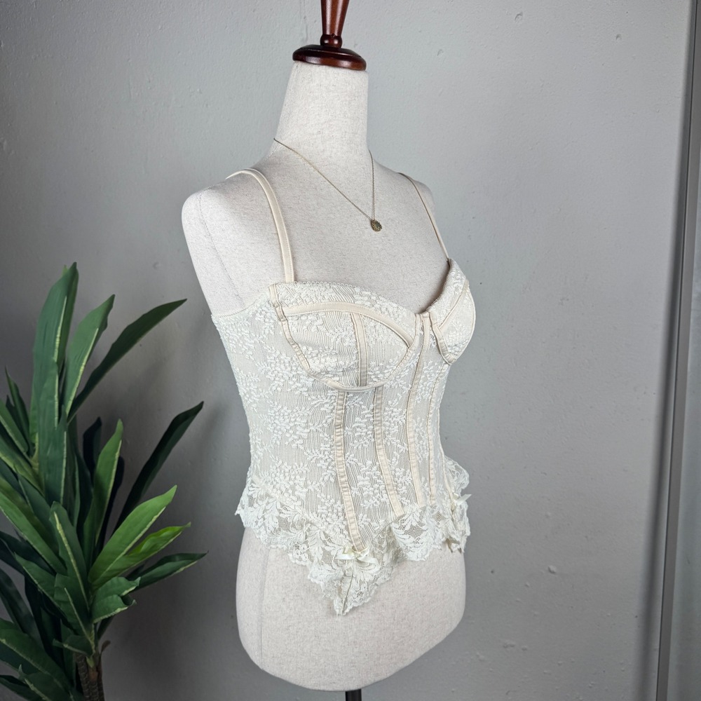 Girly Grunge Fairy Coquette Cream Lace Cider Corset Medium Peplum Bow Bustier - Picture 4 of 8